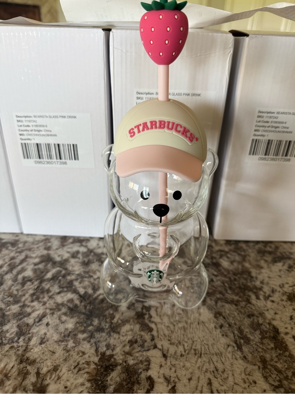 Starbucks Clear Bear Glass Cup with Pink Cap and Strawberry Straw